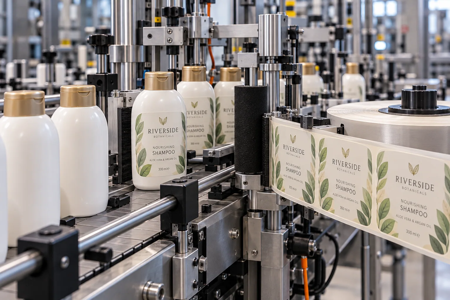 Illustrative industrial line applying labels to bottles
