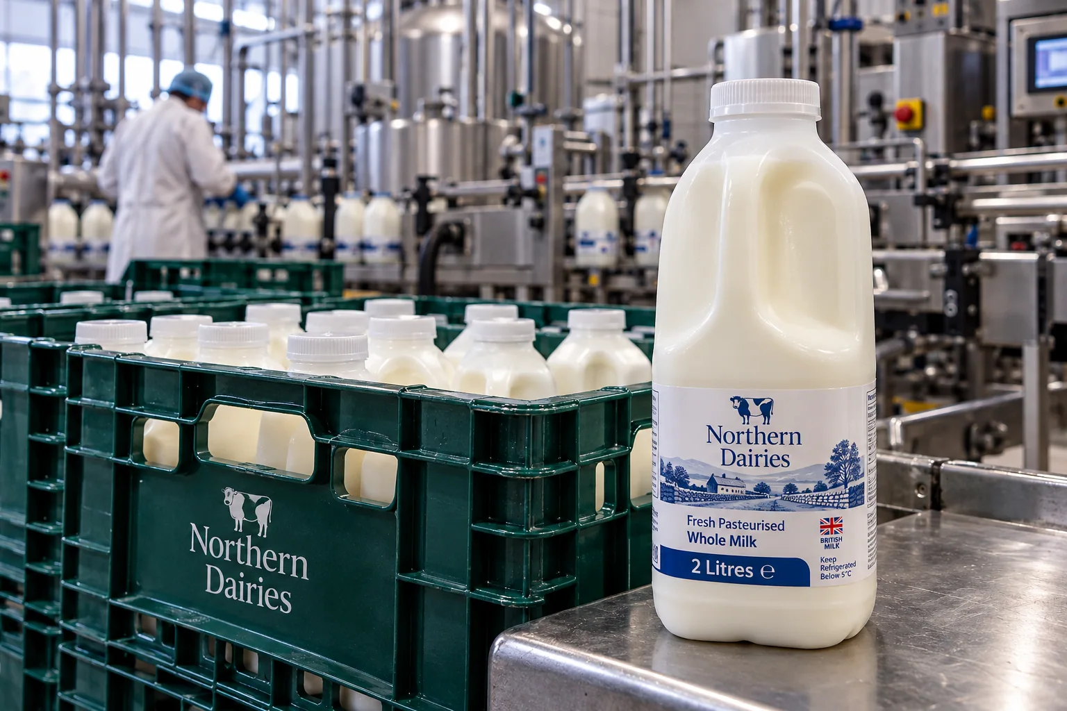 Representative milk-bottling line with Northern Dairies-branded containers