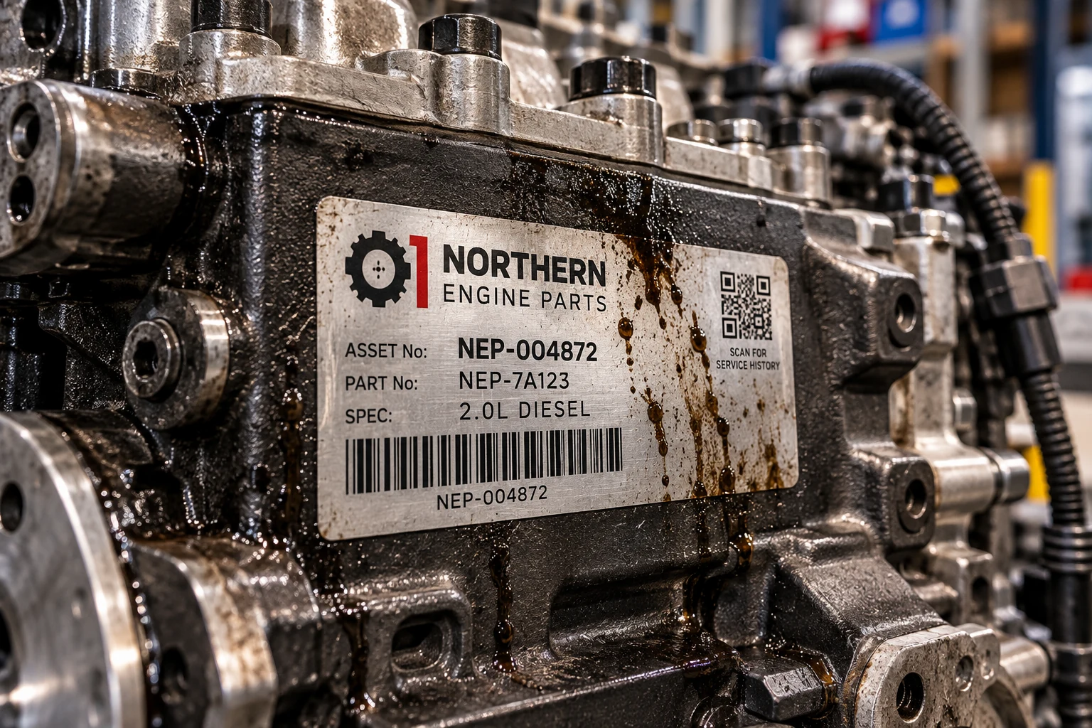 Illustrative Northern Engine Parts silver polyester barcode label on a weathered metal engine block