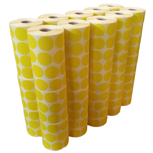 Genuine photograph of yellow circular self-adhesive label rolls