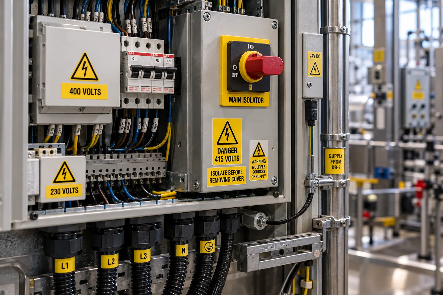 Illustrative durable industrial warning and identification labels